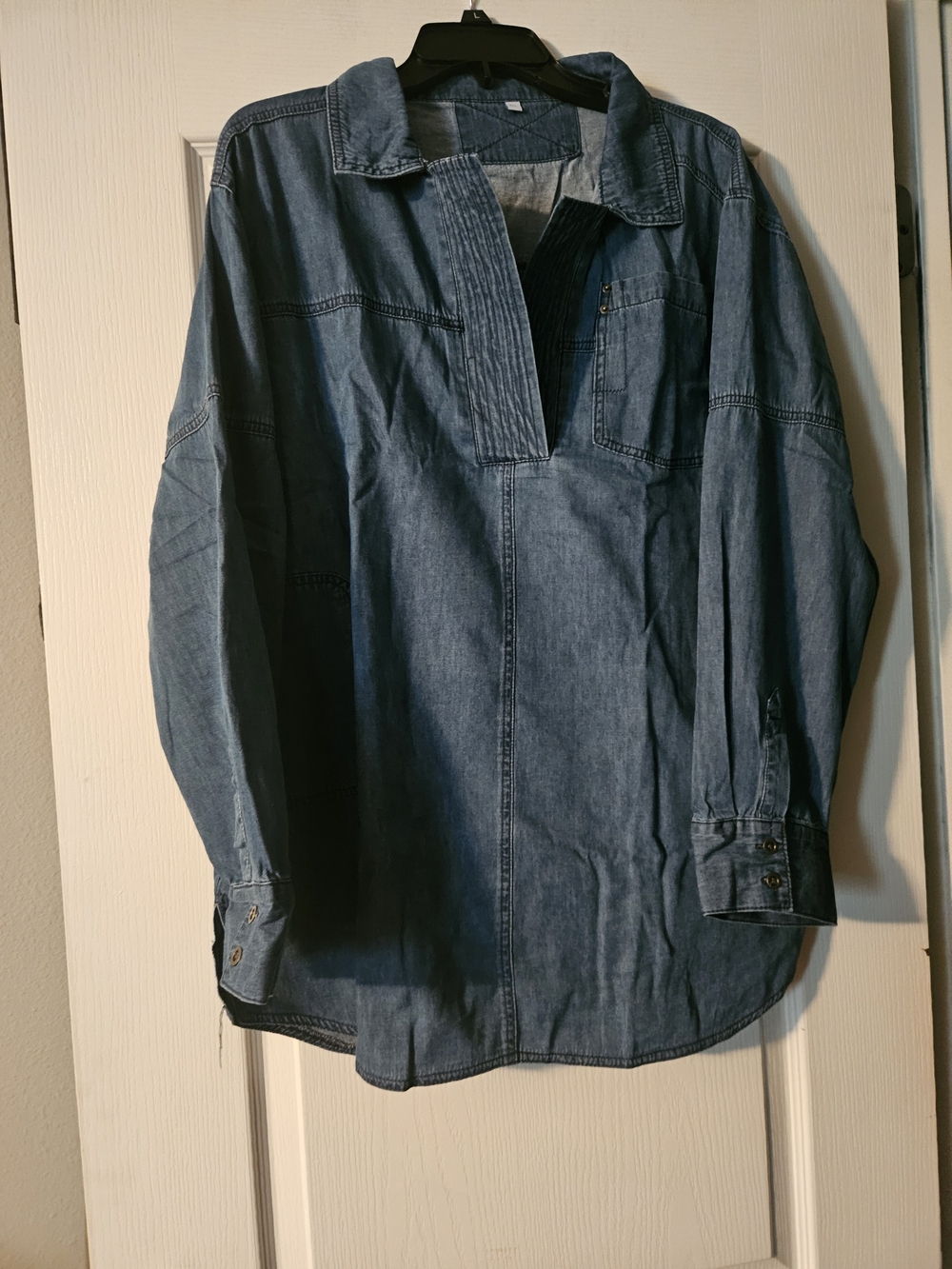 Denim Pullover Shirt - Medium Blue With Front Pocket In XL, 2X AND 3X